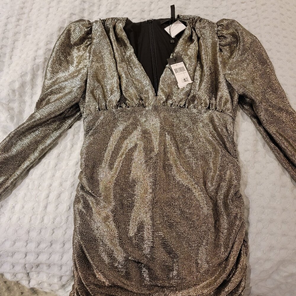 New Bcbgmaxazria Gold Metallic Ruched bodycon mini dress Large